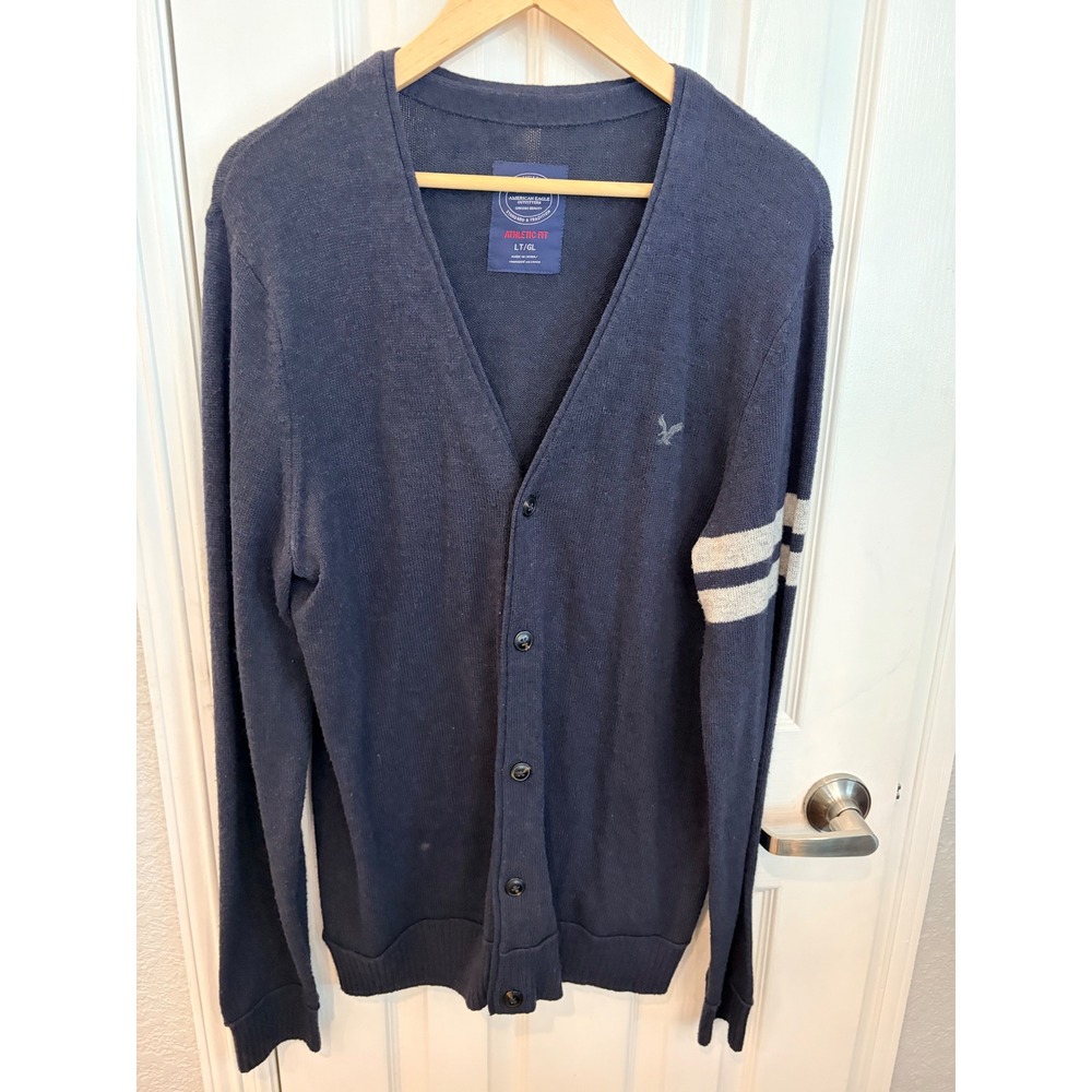 American Eagle Cardigan Blue Athletic Fit Wool Blend Stripe Sleeve Sweater LT
